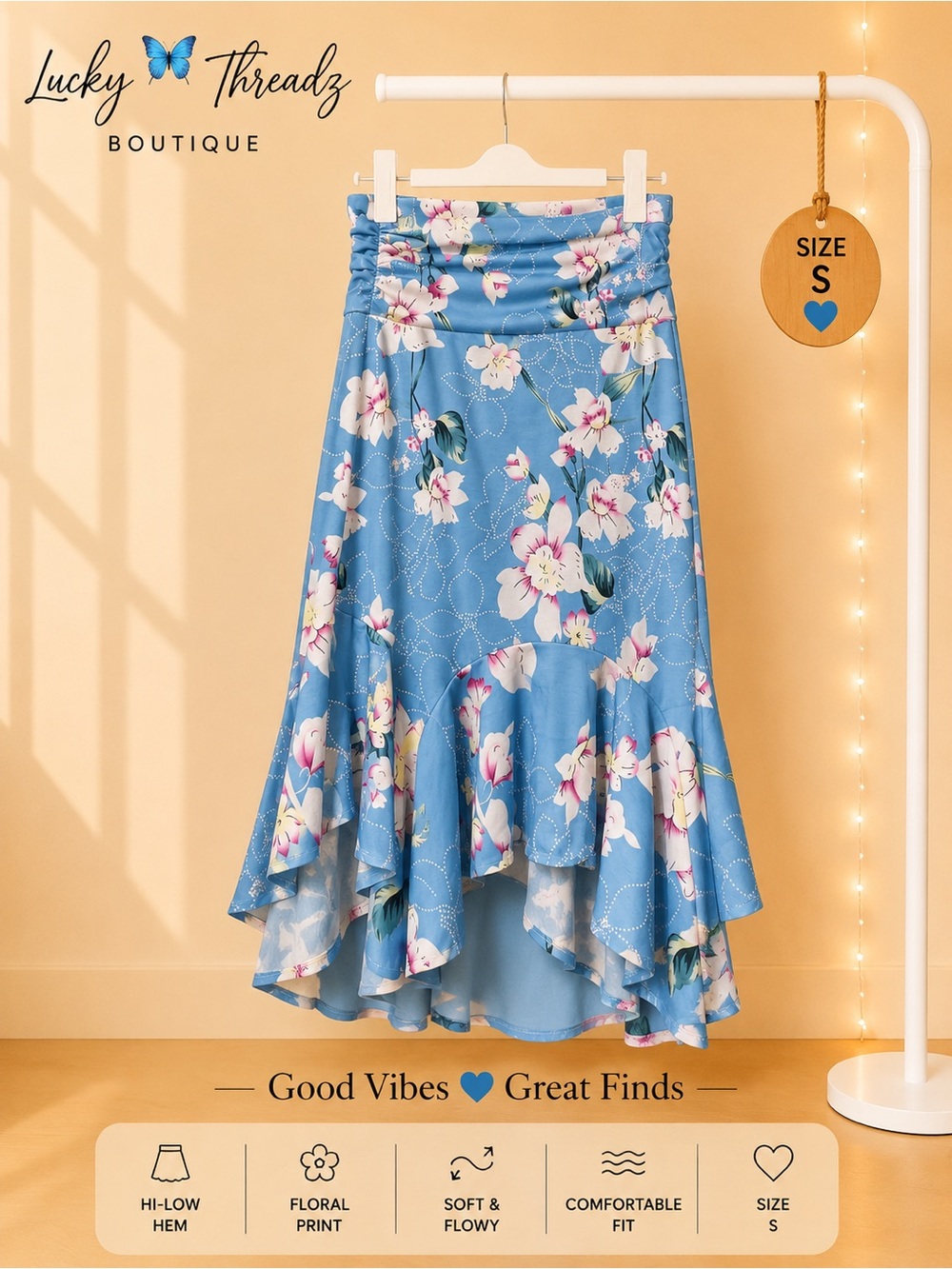 Blue Floral Hi-Low Ruffle Midi Skirt S